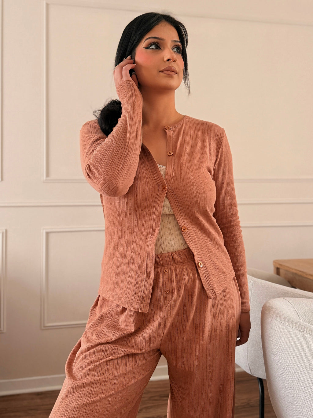 Nudea - Gilet à manches longues pointelle