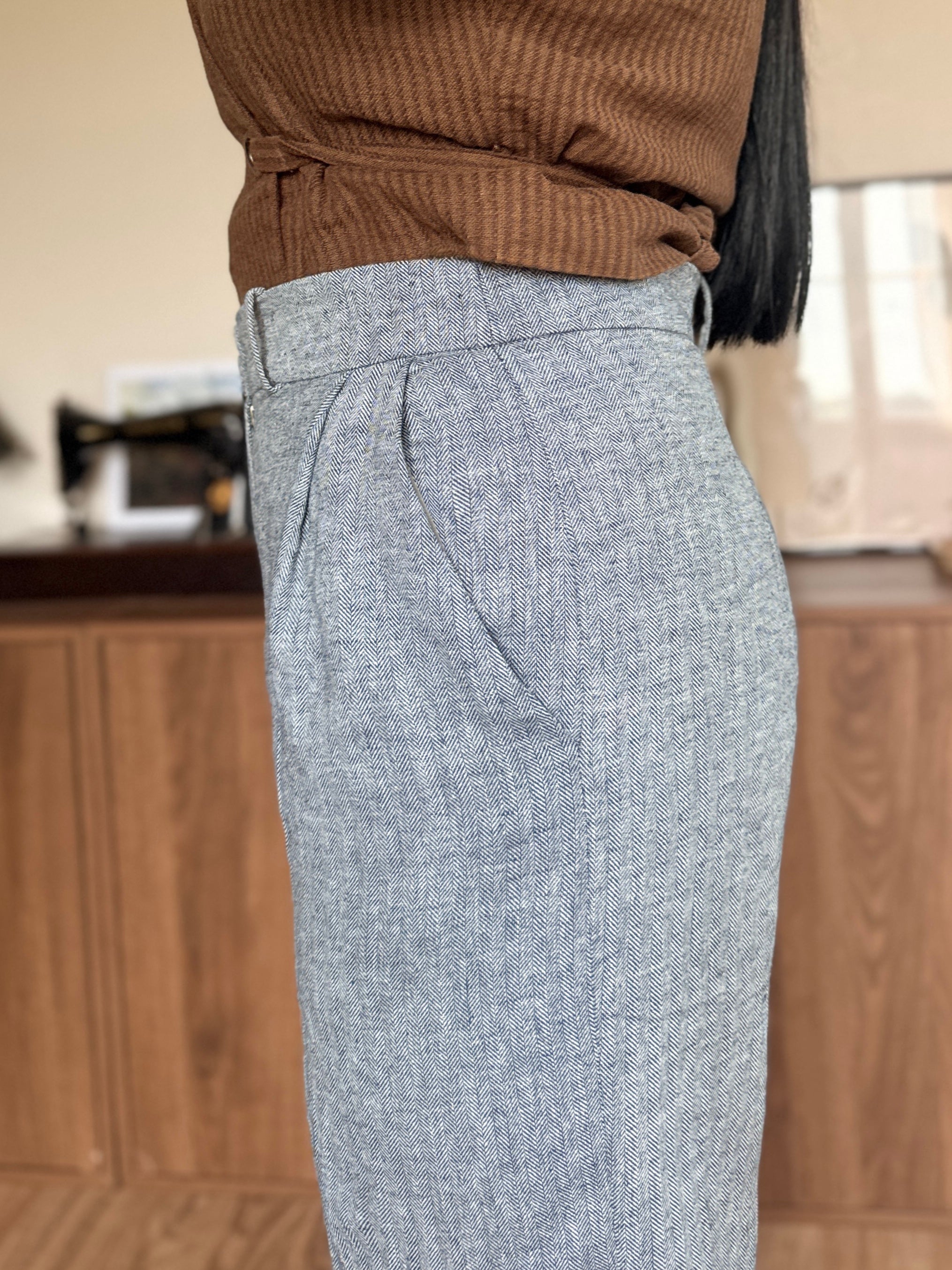 Aurel - Pantalon droit en lin à chevrons